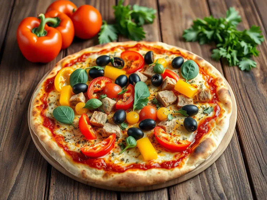 A vibrant vegan pizza topped with colorful vegetables, plant-based cheese, and fresh herbs, highlighting its healthy and delicious appeal.