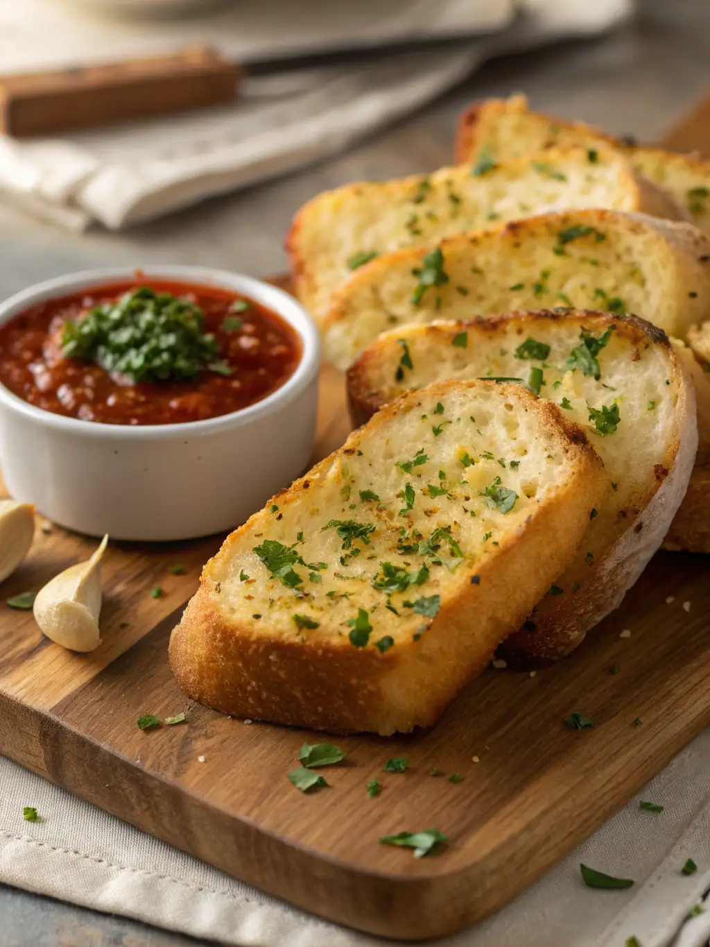 A basket of warm, golden garlic bread sticks sprinkled with parmesan cheese and served with a side of marinara sauce.