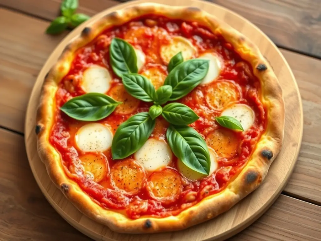 A vibrant, overhead shot of a Margherita pizza with fresh basil leaves, ripe tomatoes, and melted mozzarella cheese, showcasing its classic simplicity and fresh ingredients.