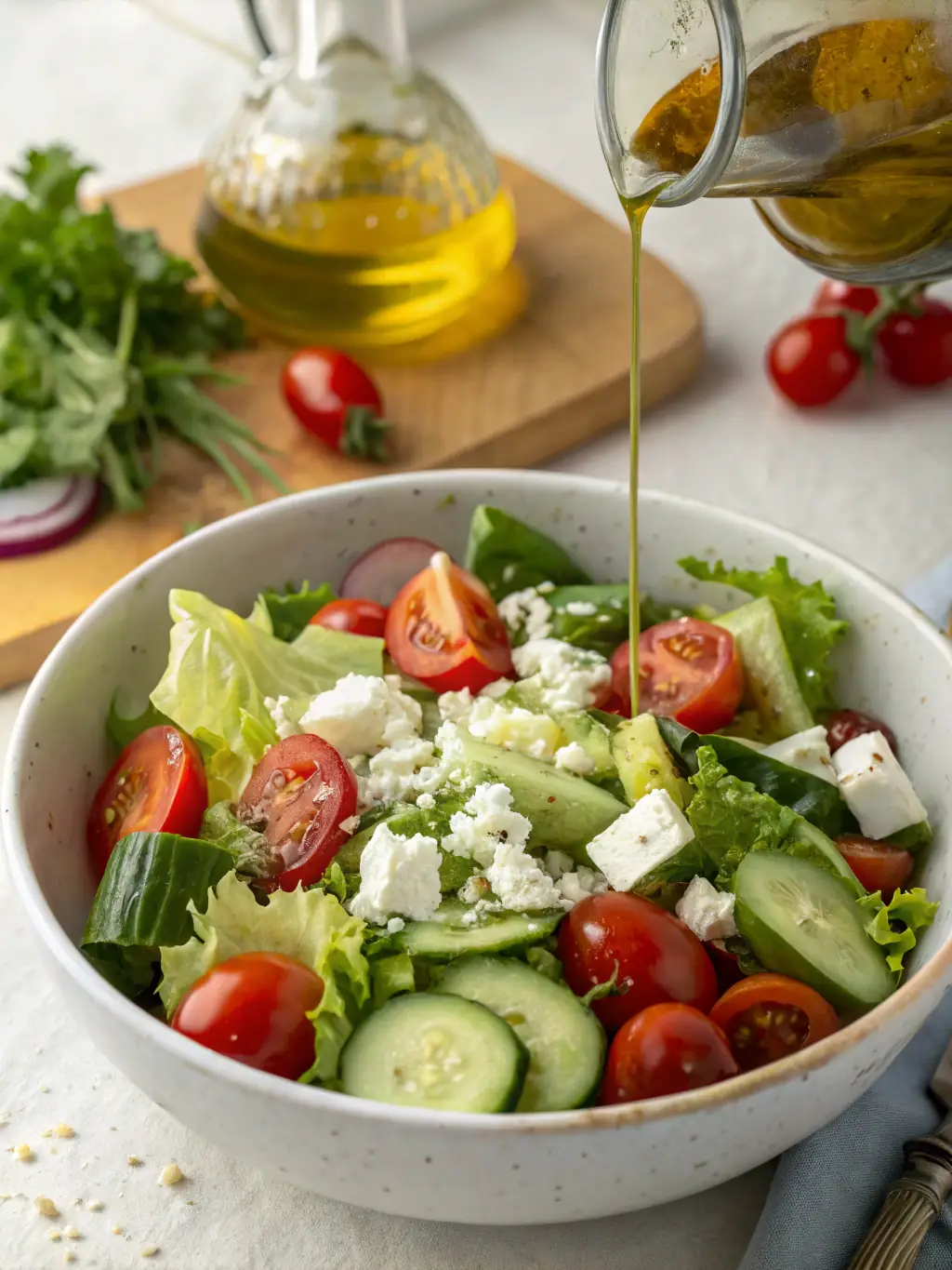 A vibrant salad with mixed greens, cherry tomatoes, cucumbers, and a light vinaigrette dressing, served in a clear glass bowl.