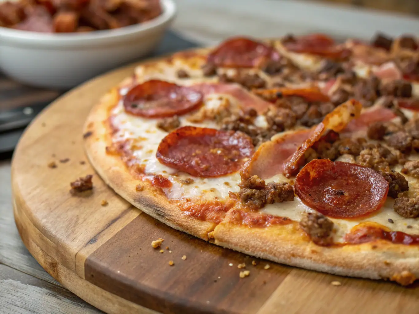 A close-up shot of a meat lover's pizza loaded with pepperoni, sausage, bacon, and ham, showcasing the rich and savory toppings.