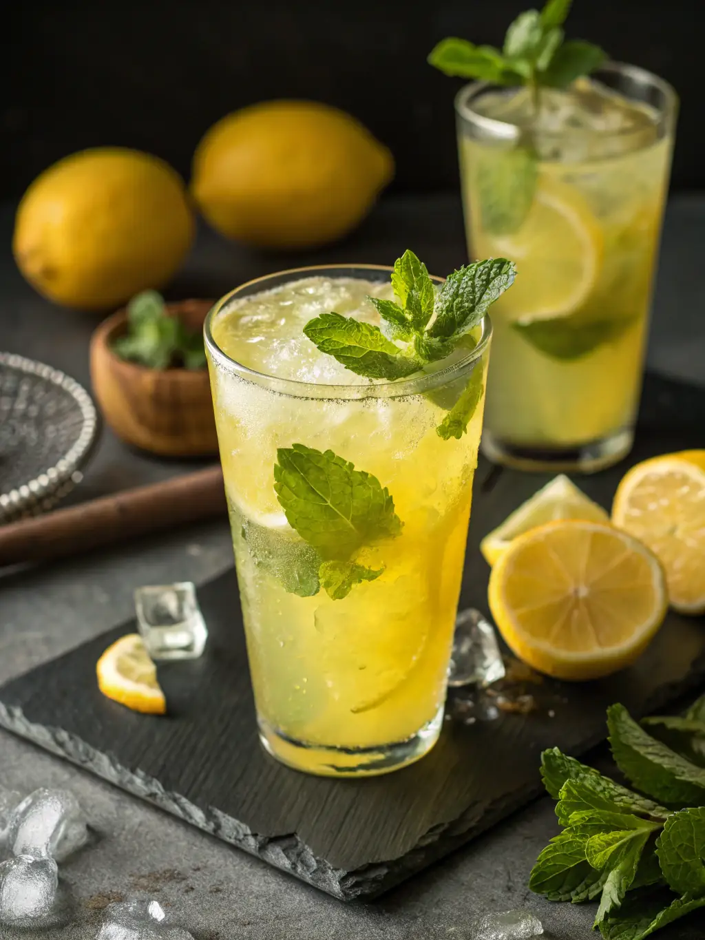 A refreshing glass of homemade lemonade with lemon slices and mint leaves, set against a bright, sunny background.