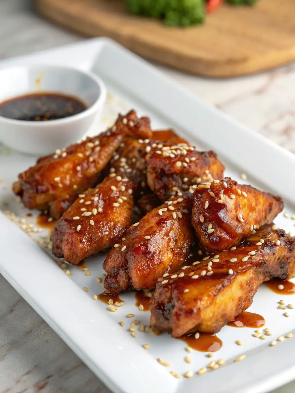 A close-up shot of crispy, golden-brown chicken wings seasoned with herbs and spices, arranged on a rustic wooden board with a side of dipping sauce.