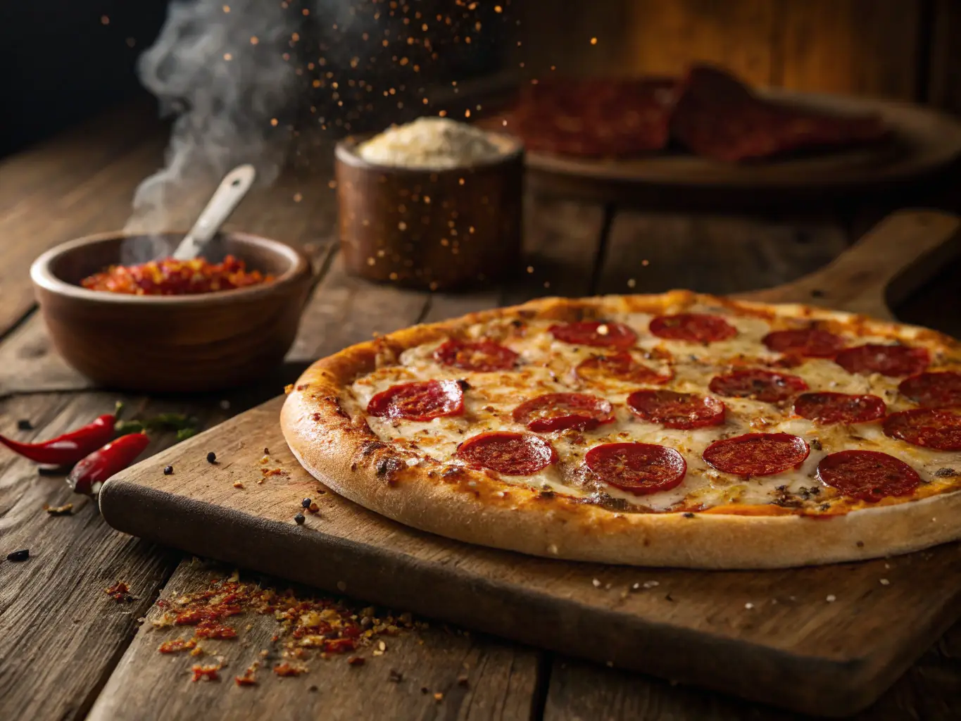 A visually appealing image of a spicy pepperoni pizza with a generous topping of pepperoni slices, melted cheese, and a sprinkle of chili flakes, set against a rustic wooden background in a bustling pizzeria.