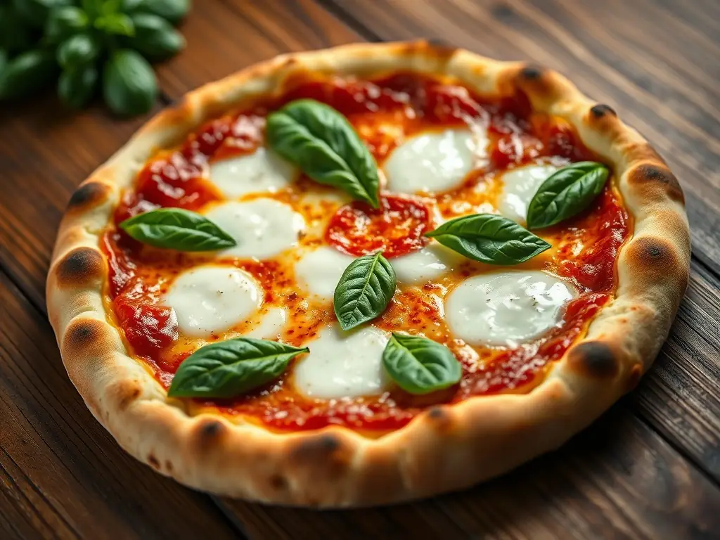 A close-up shot of a perfectly baked Margherita pizza with fresh basil leaves and melted mozzarella, showcasing its vibrant colors and inviting texture in a warm, inviting pizzeria setting.