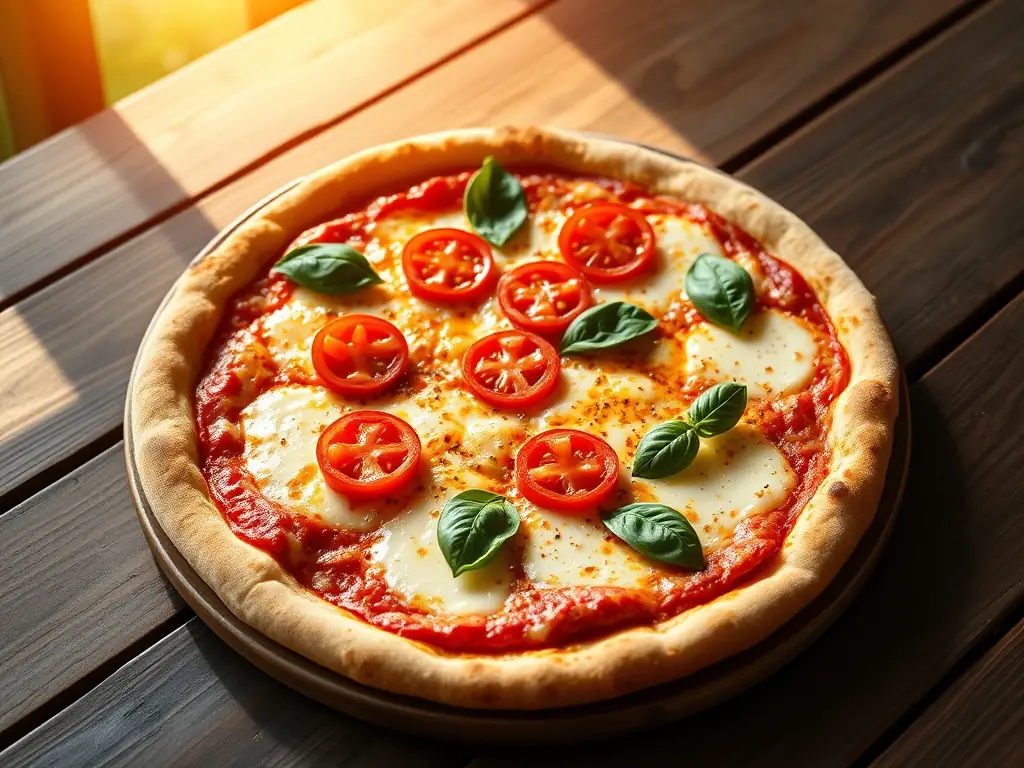 A close-up shot of a classic Margherita pizza with fresh basil, ripe tomatoes, and melted mozzarella cheese, showcasing its vibrant colors and inviting texture.